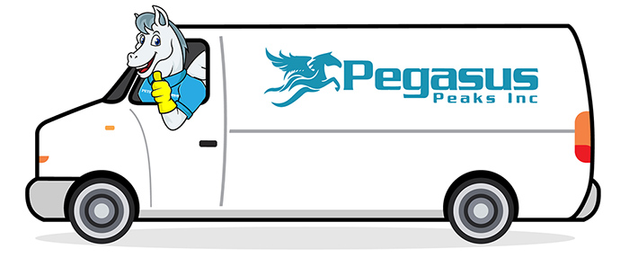 pegasus peaks cleaning van with mascot